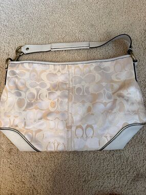 Coach Ivory Signature Jacquard Shoulder Bag with White Leather Trim